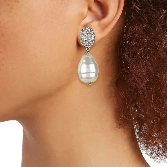 Kenneth Jay Lane White Pearl Drop Earrings with Rhinestone Studs - Picture 2 of 5
